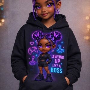 Kids "Leveling Up Like A Boss" Black Hoodie with Neon Purple Graphic